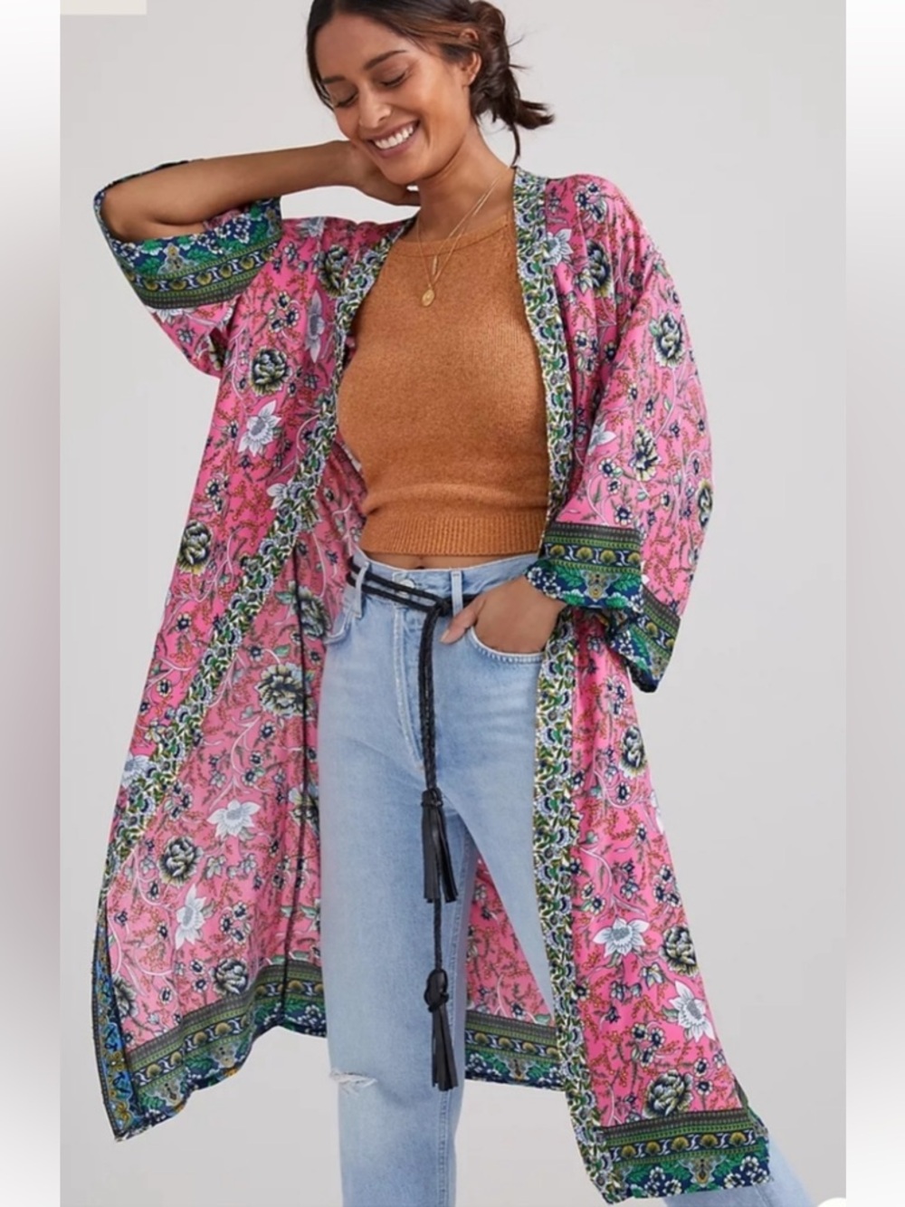 Anthropologie Boho Lyla Pink Rose Floral Vine Kimono Long Festival Duster Robe